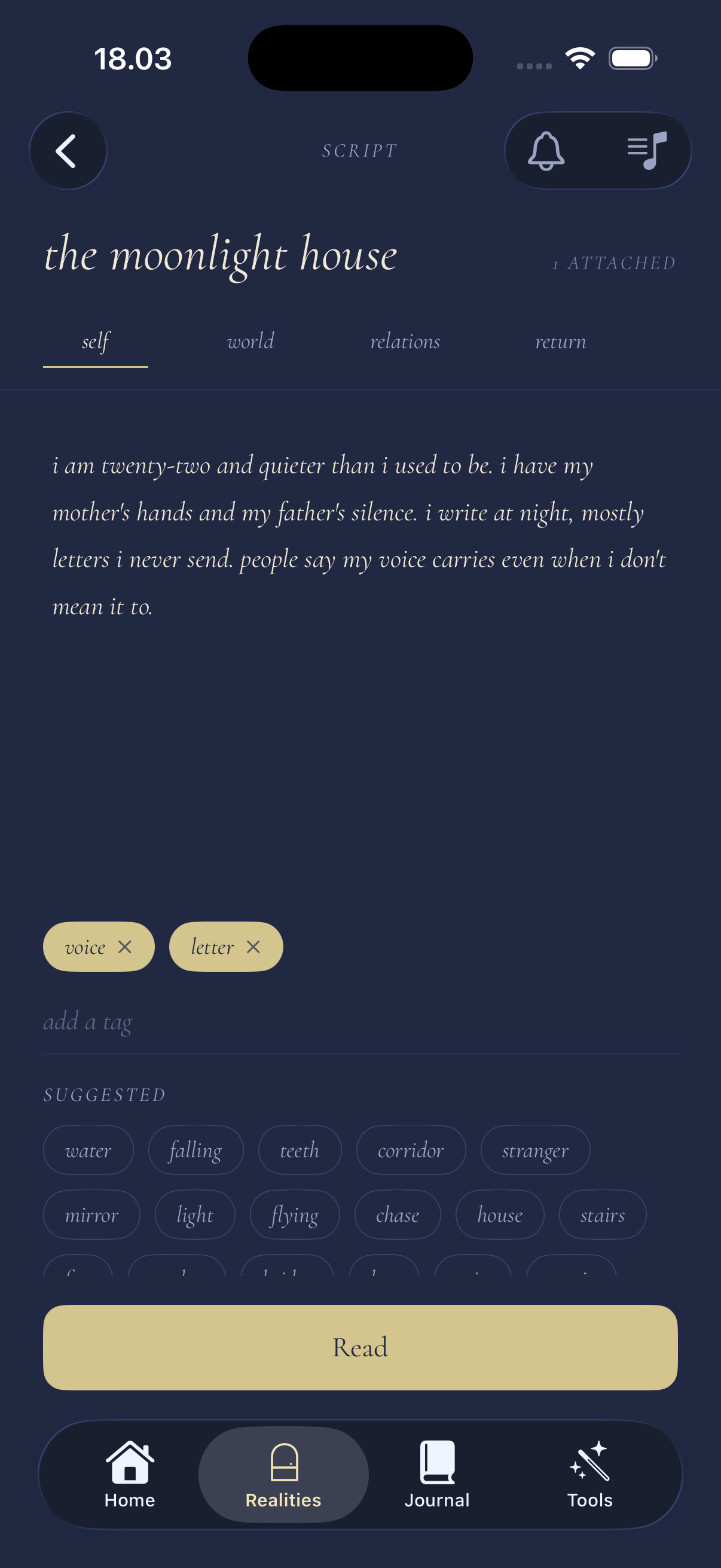 cusper's script editor — four sections per reality.